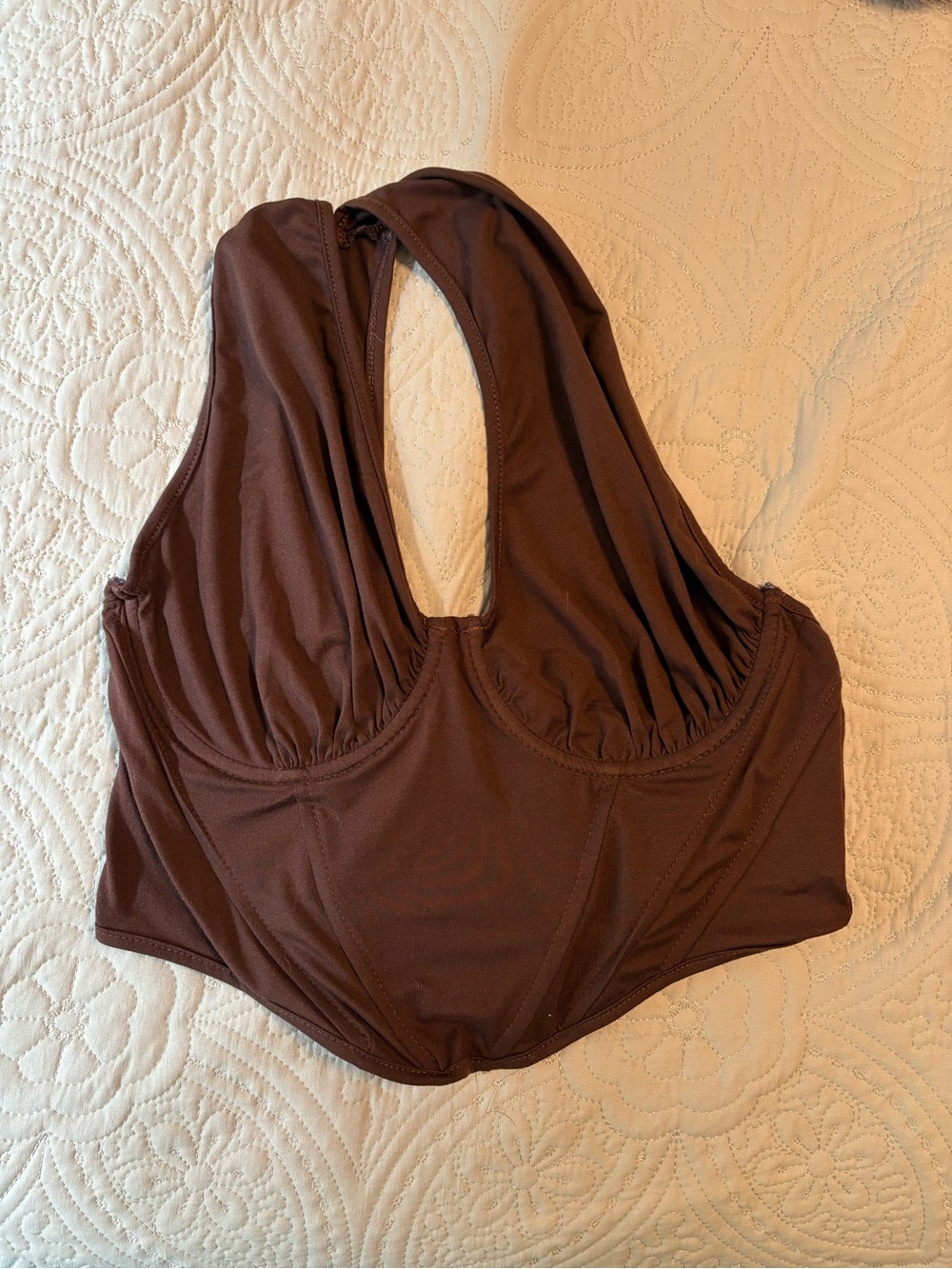 One shoulder brown corset style tank top